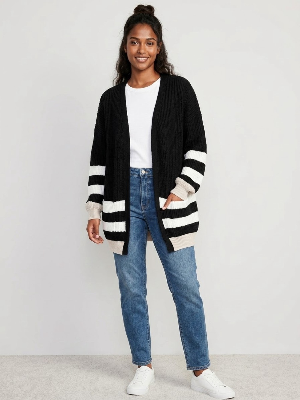 SHEIN Black Cardigan with White & Cream Stripe Accents